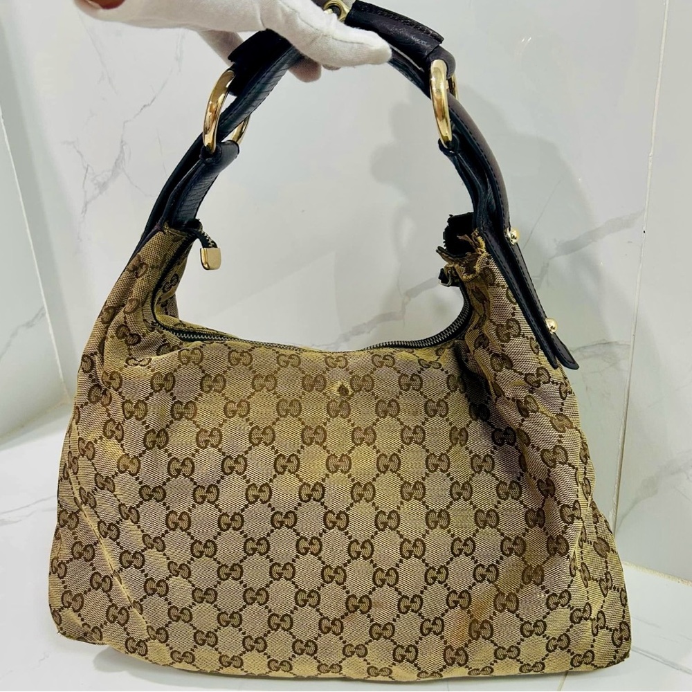Vintage Gucci Brown Horsebit Shoulder Bag with Monogram Canvas